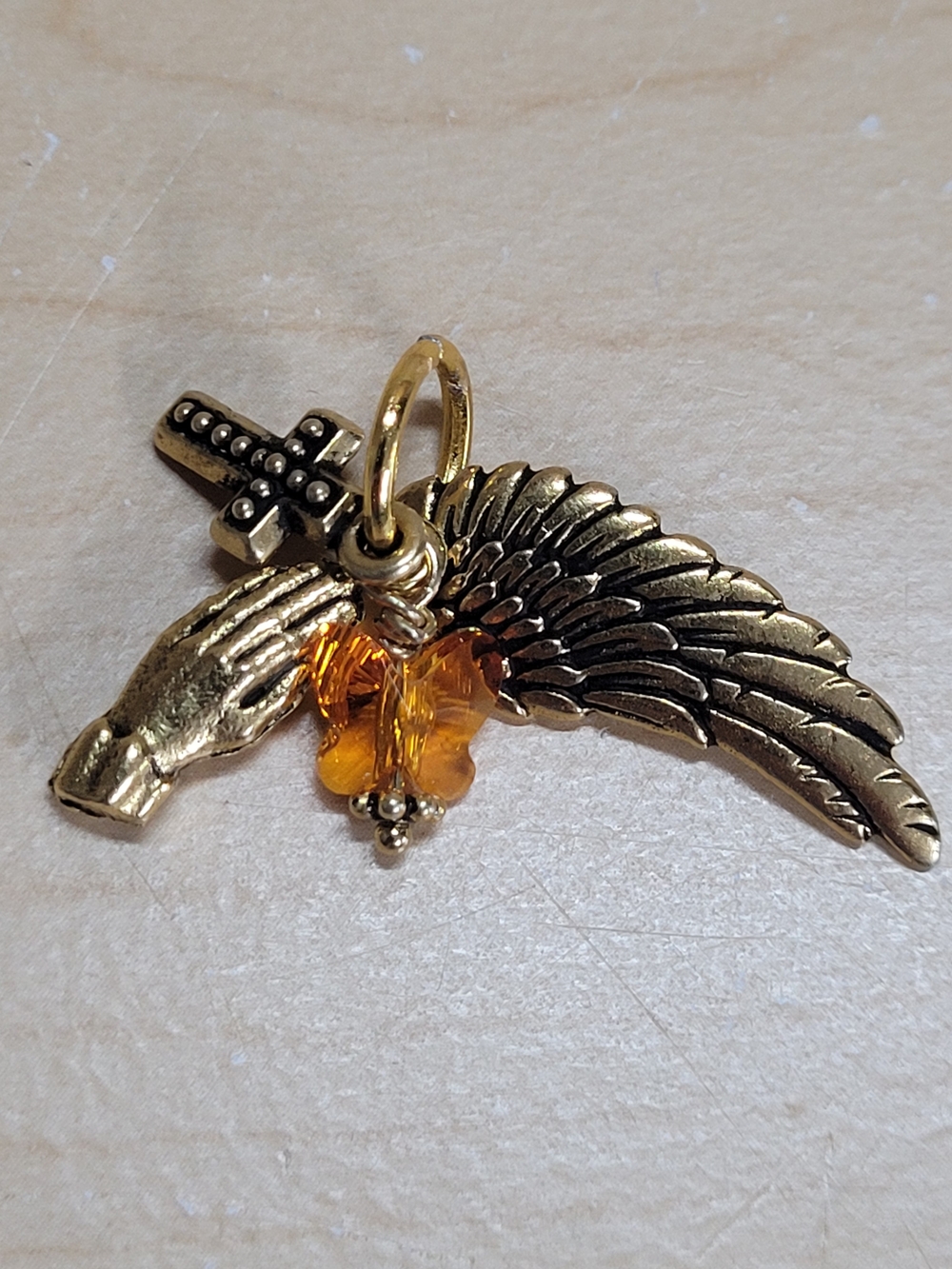 Gold Alloy Praying Hands Wing Cross Swarovski Butterfly Charm Pendant NWT